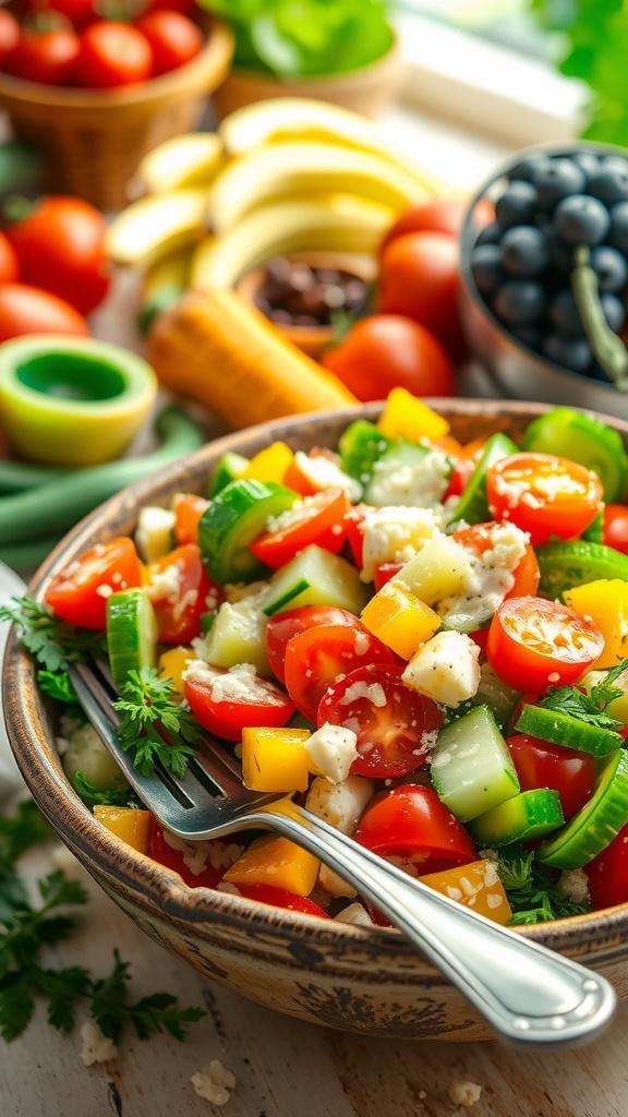 A vibrant 8-hour salad with fresh vegetables and creamy dressing in a rustic bowl.